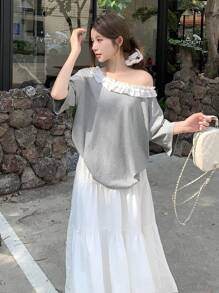 DAZY Maglietta a maniche corte stile coreano, con spalline asimmetriche arricciate, taglio largo, estiva, da donna