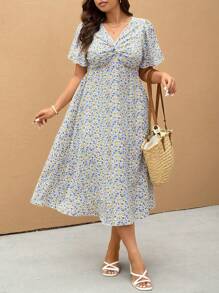 Elaquor Plus Size Elegant Tiny Ditsy Floral Twist Front Dress,Summer Dresses For Women - Multicolor - View 2