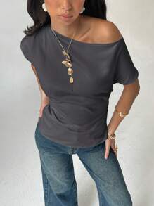 Aloruh Women's Asymmetric Collar Solid Color Batwing Sleeve Fashion Shirt, Summer - Dark Grey - View 3