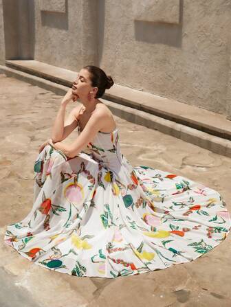 Aveloria Rosie Vestido con estampado de frutas de colores en gasa con diseño dividido y falda extra ancha, vestido elegante y romántico para vacaciones para mujeres