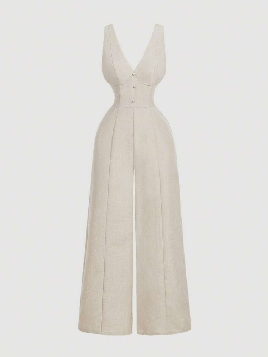 SHEIN MOD 深V领无袖束腰阔腿卡其色连体裤 - 卡其色 - 查看 1