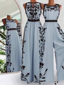 SHEIN Clasi Plus Size Women Floral Print Sleeveless Wide-Leg Jumpsuit With Back Tie