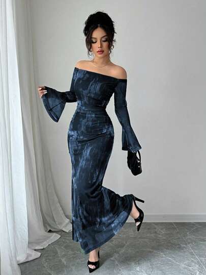 Modelyn Robe moulante à manches évasées et épaules dénudées pour femme, imprimé tie-dye, maille à la mode, ourlet sirène froncé