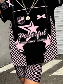Vintage Pink Plaid Sporty Style, Race Car Print, Star And Bow Print, Young Girl Casual Simple Short Sleeve And Shorts 2 Pieces Set, Suitable For Summer, Spring And Summer Street Style, Kids' Cozy , Family Outing Season