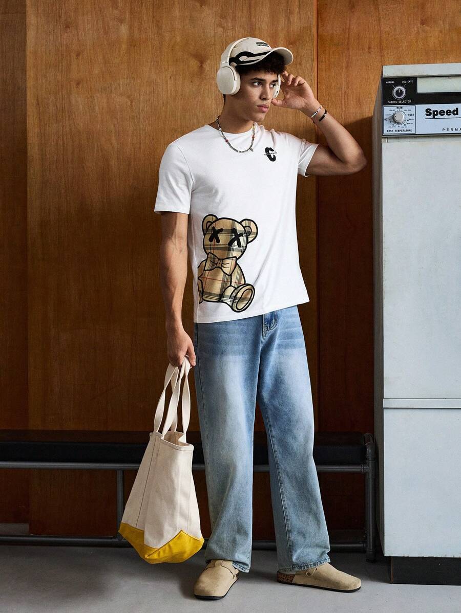 SWAVVY 男士T恤修身短袖圓領圖形T恤，休閒搞笑夏季必備 - 白色 - 查看 1