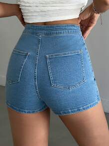 EURMUSE 高腰中度水洗牛仔机车短裤