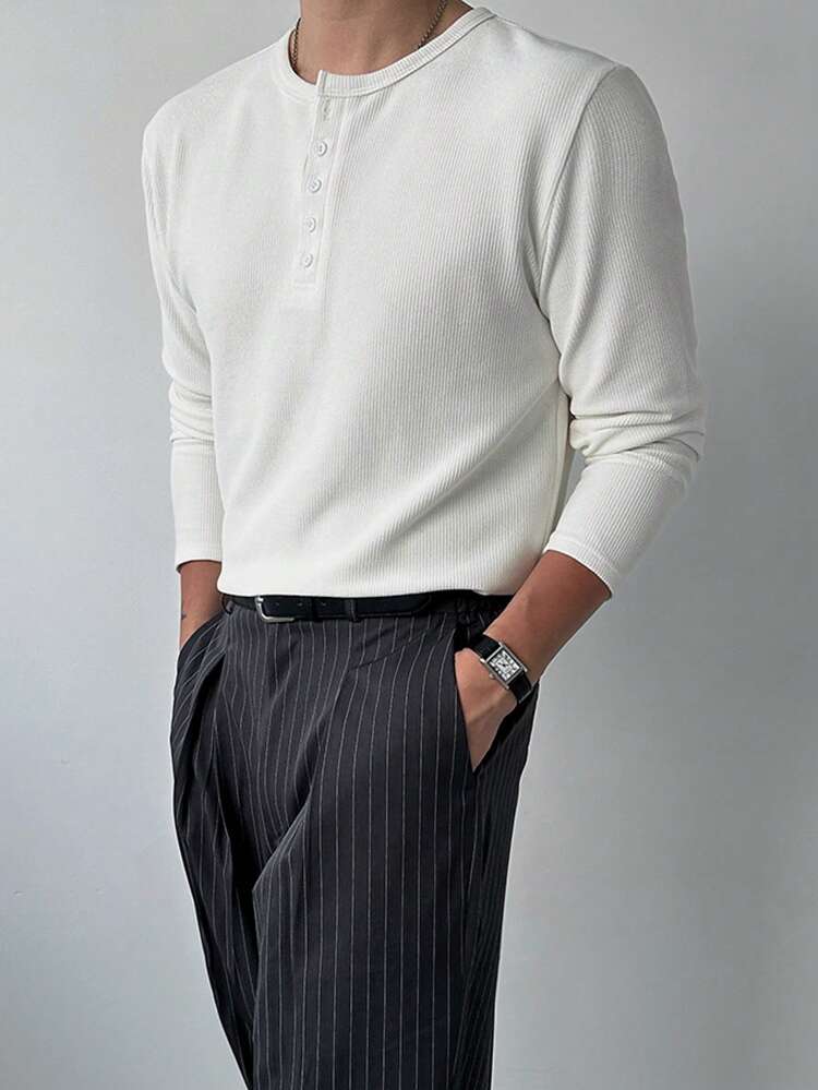 Men's Solid Color Textured Half Placket T-Shirt, Basic White,Back To School Long Sleeve Men Shirt, Fall