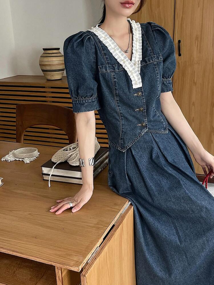 Women Summer New Elegant Denim Top And Skirt 2-Piece Set