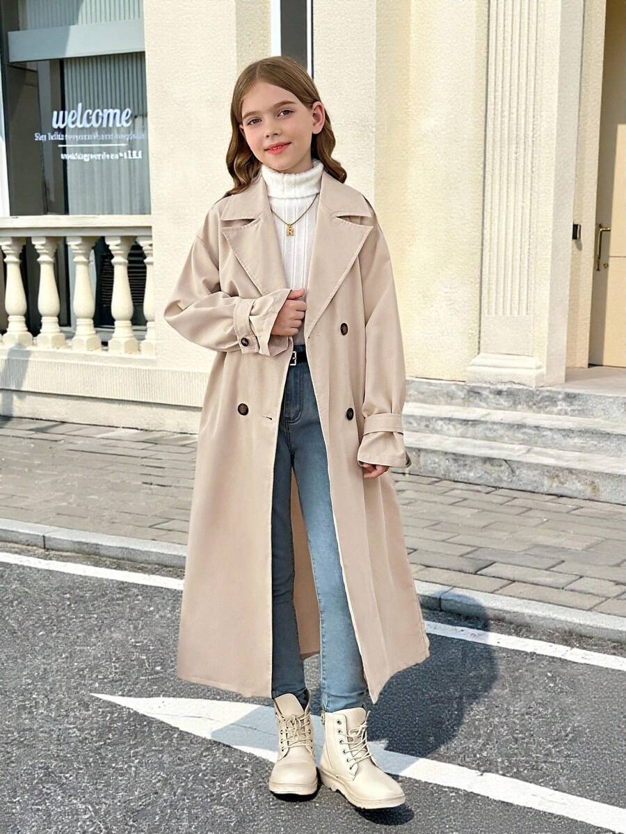 SHEIN Serisse Kids Tween Girl Double Breasted Turndown Collar Loose Long Wind Jacket, Casual Military Style, For Commuting & Outdoor,In Fall/Winter