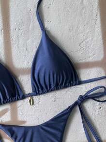 SHEIN Swim Vcay Springbreak 女士夏季沙滩纯色露背性感比基尼泳装套装 - 霧霾藍 - 查看 4