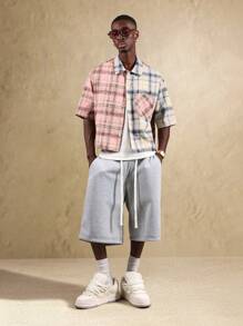 SUMWON Camisa informal de manga corta y dos tonos en estilo de bloques de color a cuadros con botones, para uso casual en primavera y verano, de tela ligera