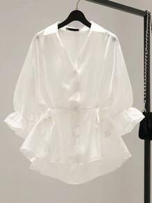 Franclia Áo cánh hở trước tay giữa buộc eo giản dị thanh lịch cho nữ - trắng - Xem 1