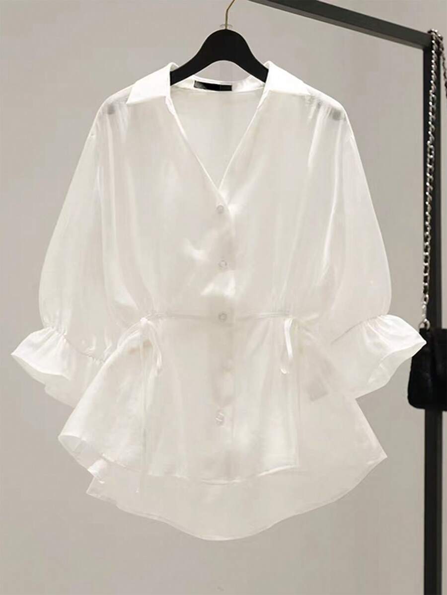 Franclia Áo cánh hở trước tay giữa buộc eo giản dị thanh lịch cho nữ - trắng - Xem 1