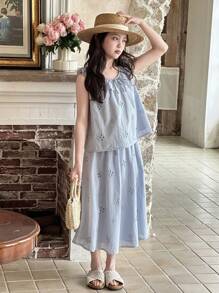 Dazy Kids Tween Girls Embroidered Lace Trim Sleeveless Top & A-Line Mini Skirt Set,Girls Summer Outfits,Back To School Clothes