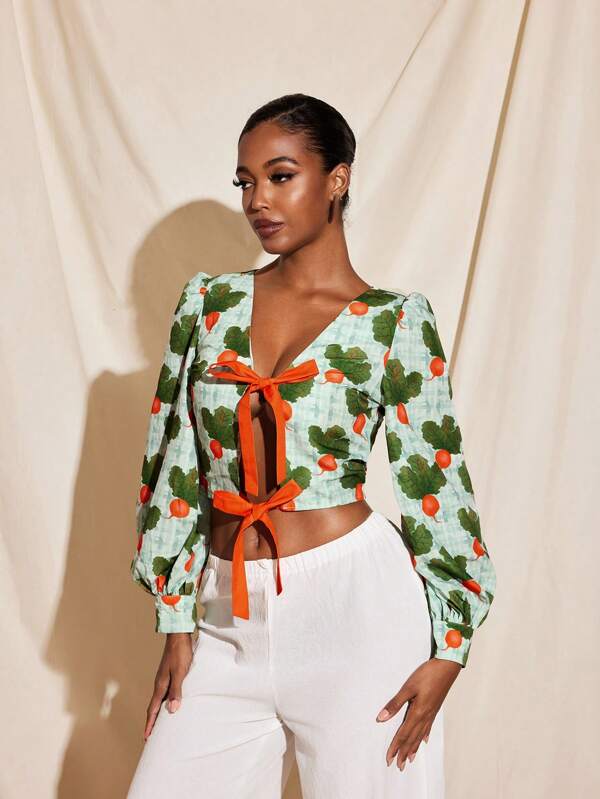 TIYA Summer Turnip All-Over Printed Bishop Sleeves Bowknot Top Women Summer Top Vacation Casual