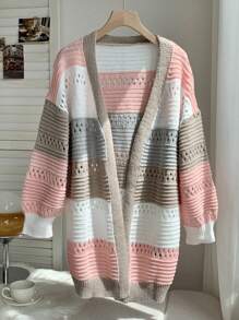 SHEIN EZwear Cárdigan casual con bloques de color abierto, talla grande, para primavera y otoño