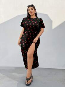 SHEIN EZwear Casual Minimalist Cherry Print Short Sleeve Stretch Loose Open-Slit Plus Size Dress,Summer Dresses For Women Cherry Outfit Women Cherry Dress Plus Size Chic Dress - Multicolor - View 6