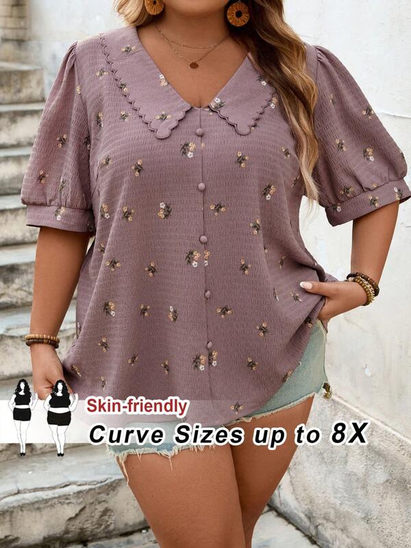 SHEIN CURVE+ Plus Size Women's Printed Short Bubble Sleeve Casual Shirt, Plus Size Women's Open Top Shirtbeach Outfits For Woman/Beach Dress/Beach Vacation Outfits/Beach Essentials / Graduation/Tea Party Dresssummer/Country/Beach Vacation Outfits/Beach Outfits/Beach Wear