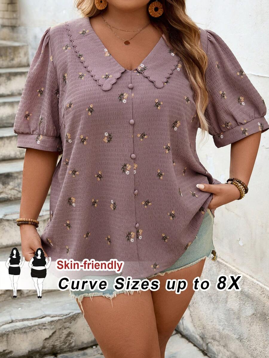 SHEIN CURVE+ Áo sơ mi nữ cỡ lớn tay phồng in họa tiết, áo sơ mi nữ cỡ lớn không cài cúc, thích hợp mặc đi biển/đi biển/nghỉ mát biển/đồ cần thiết khi đi biển/lễ tốt nghiệp/tiệc trà mùa hè/phong cách đồng quê/kỳ nghỉ biển/bãi biển/trang phục đi biển - Nhiều màu - Xem 1