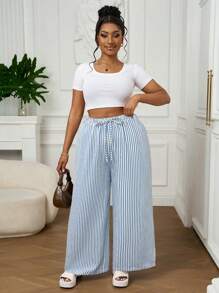 SHEIN PETITE CURVE Quần sọc cỡ lớn, thời trang cho mùa hè - Xanh và trắng - Xem 3