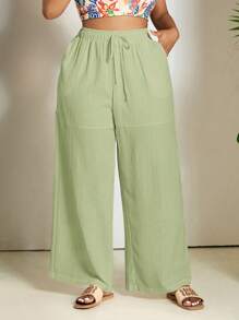 SHEIN PETITE CURVE 女士加大码纯色时尚长裤，适合夏季、海滩度假，也适合身材娇小的人士。 - 薄荷綠 - 查看 3