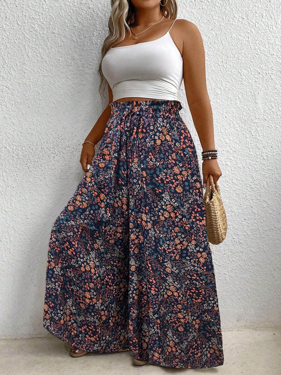 EMERY ROSE Plus Size Floral Print Paper Bag Waist Casual Loose Pants For Holiday Fall Cloth For Women - Navy Blue - View 1