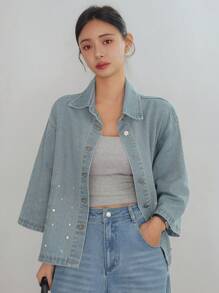 Dazy-Less 女式宽松经典复古牛仔衬衫，带水钻装饰，休闲装，短袖，春夏秋装，返校服，牛仔夹克，秋季女装 - 淺色水洗藍 - 查看 2