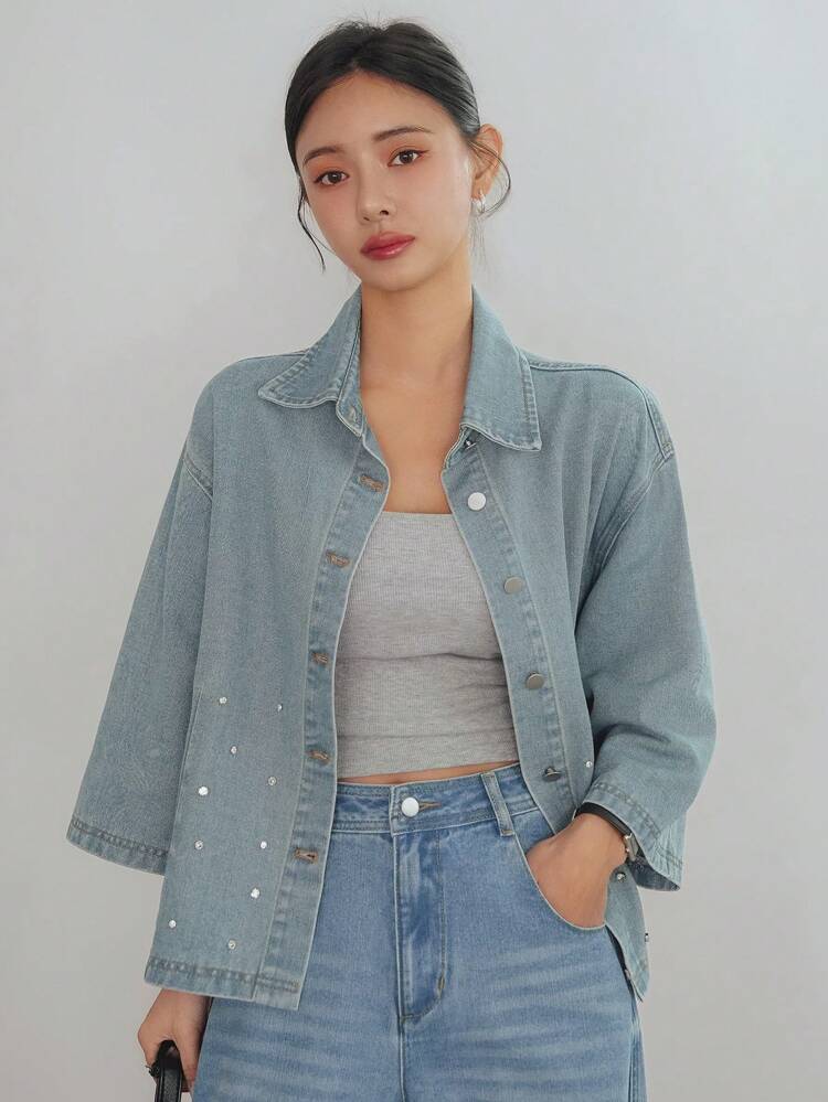 Women's Loose Fit Classic Vintage Denim Shirt With Rhinestone Decor, Casual Wear, Short Sleeve, Spring, Summer, Autumn,Back To School Clothes,Jeans Jacket,Fall Women Clothes Business Casual Woman
