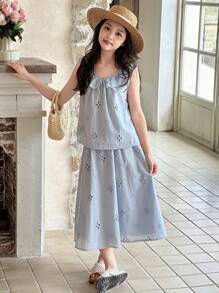 Dazy Kids Tween Girls Embroidered Lace Trim Sleeveless Top & A-Line Mini Skirt Set,Girls Summer Outfits,Back To School Clothes