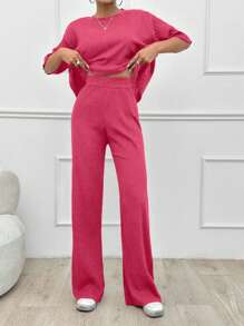 SHEIN Tall Cotton Simple Summer Solid Loose Drop Shoulder Short Sleeve Top And Straight Pants - Hot Pink - View 5