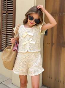 2pcs Spring/Summer Young Girls Casual V-Neck Ruffle Trim Bow Top & Jacquard Shorts Sets - Apricot - View 6
