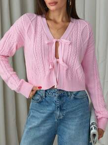 EURMUSE Casual V Neck Pink Color Cable Knit Diamond Pattern Drop Shoulder Tie Knot Front Cardigan,Cardigans For Women,Long Cardigans Woman,Petite Cardigans,Cardigans - Pink - View 5