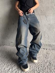 Manfinity EMRG Jeans masculino com perna larga e decoração de rebites em gradiente estilo vintage - Lavagem escura - Ver 4