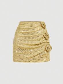 SHEIN MOD Váy mini hoa 3D nhún bèo đính đá màu sâm panh, váy tốt nghiệp - Rượu sâm banh - Xem 1