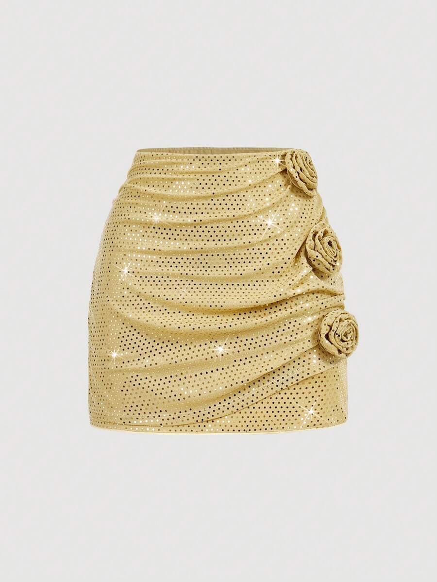 SHEIN MOD Váy mini hoa 3D nhún bèo đính đá màu sâm panh, váy tốt nghiệp - Rượu sâm banh - Xem 1