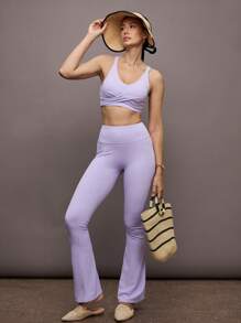 Activina Perforated Ruched Fitted Flare Leg Workout Leggings - Purple - View 7