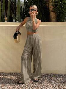 Livesso Bộ đồ 2 món thường ngày sọc và quần túi mùa hè cho nữ - Màu Khaki - Xem 4