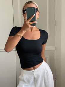 DAZY 女式方领休闲短袖修身 T 恤，性感夏季黑色上衣 - 黑色 - 查看 4