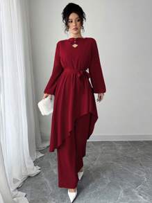 Modelyn 2pcs Set Women Solid Color Tie Front Asymmetrical Hem Top And Pants Fall Cloth For Women - Burgundy - View 5