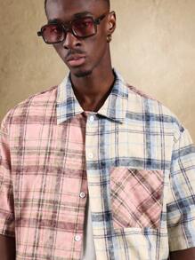 SUMWON Camisa informal de manga corta y dos tonos en estilo de bloques de color a cuadros con botones, para uso casual en primavera y verano, de tela ligera