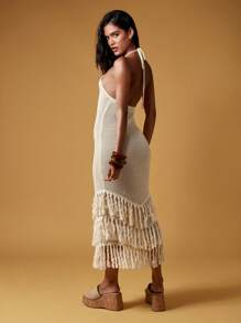 MISSGUIDED Vestido largo de verano de ganchillo con escote halter, bajo con flecos escalonados, estilo bohemio para resorts, playa y festivales - Albaricoque - Ver 2
