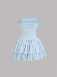 Sweetra 甜美蕾丝露肩层叠荷叶边下摆短款连衣裙，春夏