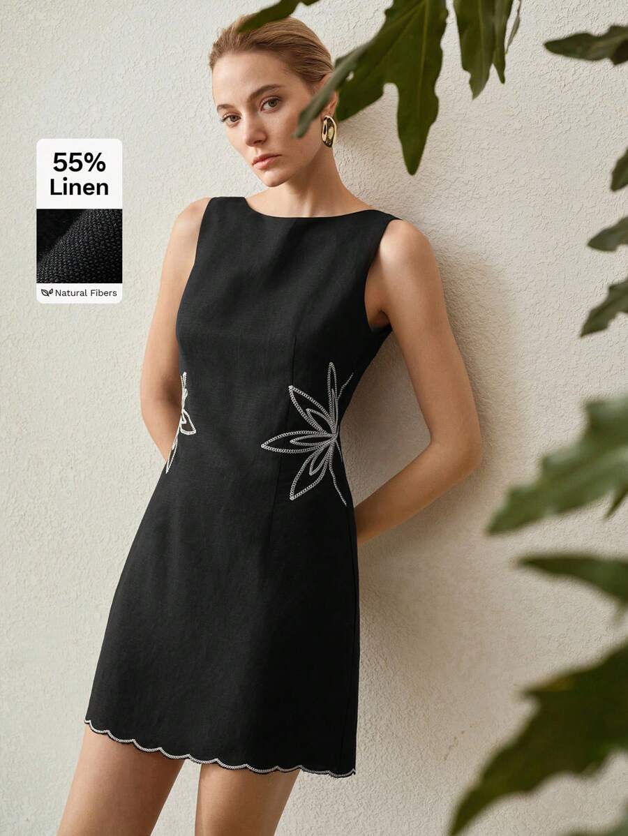 MOTF PREMIUM LINEN FLORAL EMBROIDERY DRESS - Black - View 1