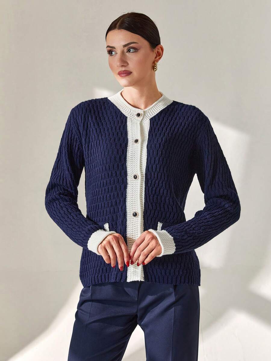 CLARA VERO Women Contrast Hem Detailed Front Button Pocket Detailed Navy Cardigan - Navy Blue - View 1