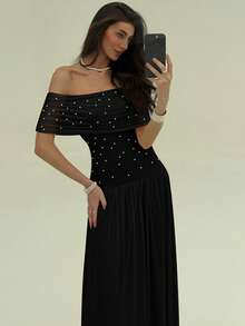 Aloruh Women Elegant Pearl Beaded Ruched Off Shoulder Fitted Long Dress Party Dresses For Women