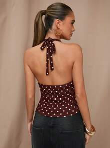 SHEIN BAE Black Polka Dot Print Casual Halter Tank Top, Suitable For Brunch, Outings, Dates, Commute, Cruises, Ibiza Style - Coffee Brown - View 2