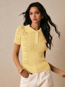 Poéselle Women's Simple Solid Color Button Short Sleeve Knit Sweater Top, Commute Friendly