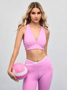 SHEIN Sports 女士纯色后背交叉运动文胸 - 粉色 - 查看 6