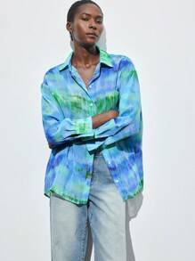 Maija Camisa casual de ajuste holgado con botones, estampado de flores degradado para mujer, de uso versátil en las cuatro estaciones y para vacaciones en la playa, con estilo moderno y relajado, de manga larga en tela de gasa con efecto teñido anudado