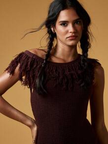 MISSGUIDED Mini Dress With Fringe Detail Western Style Bohemian Knit One Shoulder Party Festival Dance Sweater Dress Fall Winter Clubwear - Chocolate Brown - View 4